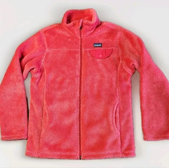 Patagonia Girls Re-Tool Full Zip Fleece Jacket  10 Coral  Snap Pocket Retired - Picture 2 of 15